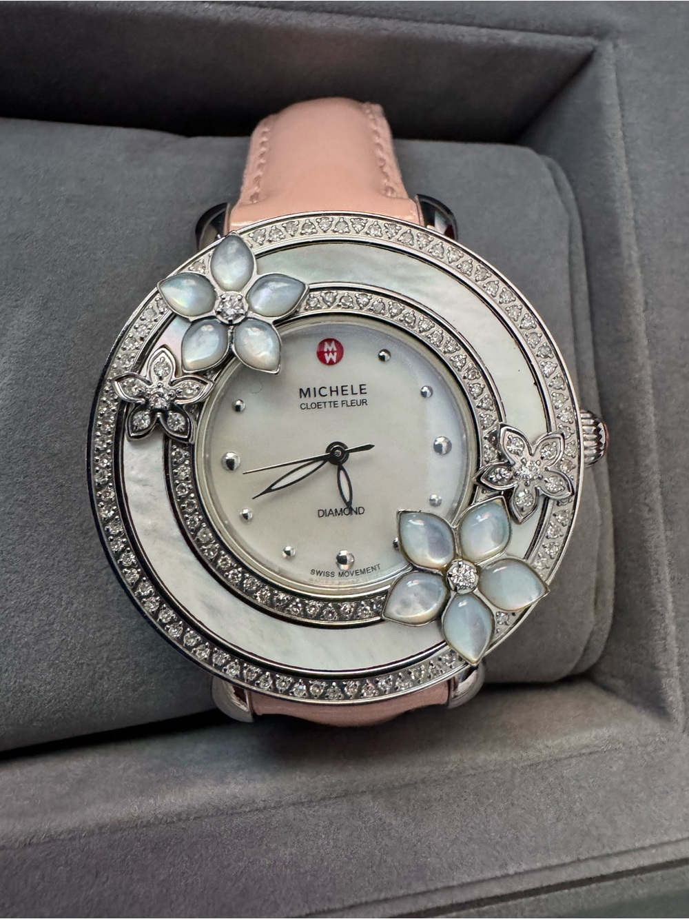 Michele Cloette Fleur Pink Mother-of-Pearl Floral Diamond Accent Watch